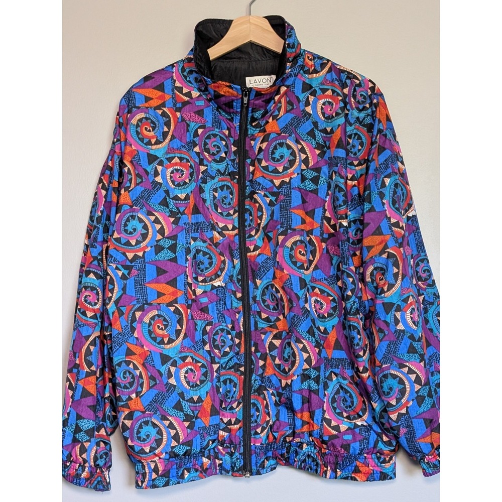 Vintage Lavon Abstract Geometric Spiral Windbreaker Jacket Mens Large Blue Pink